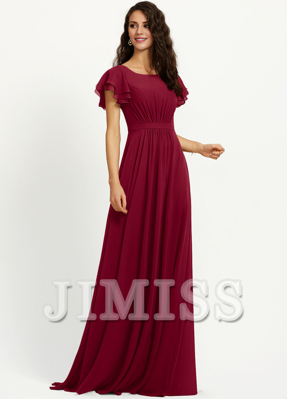 Vestido de dama de honor de gasa con escote redondo y volantes en forma de A