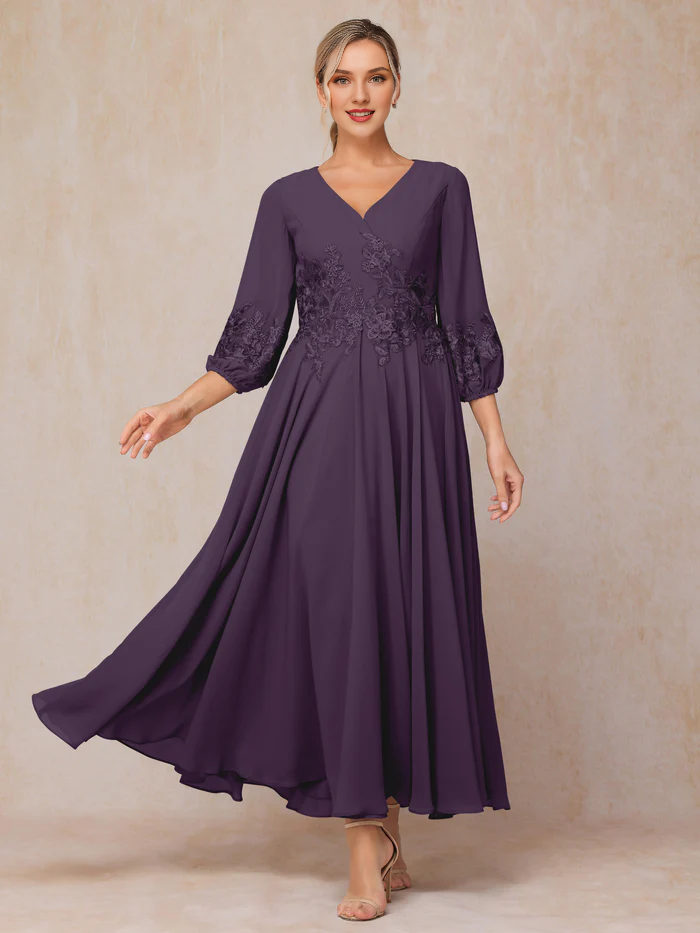 Burgundy Chiffon A-Line V-Neck Tea-Length Dress with Embroidered Bodice and Bishop Sleeves