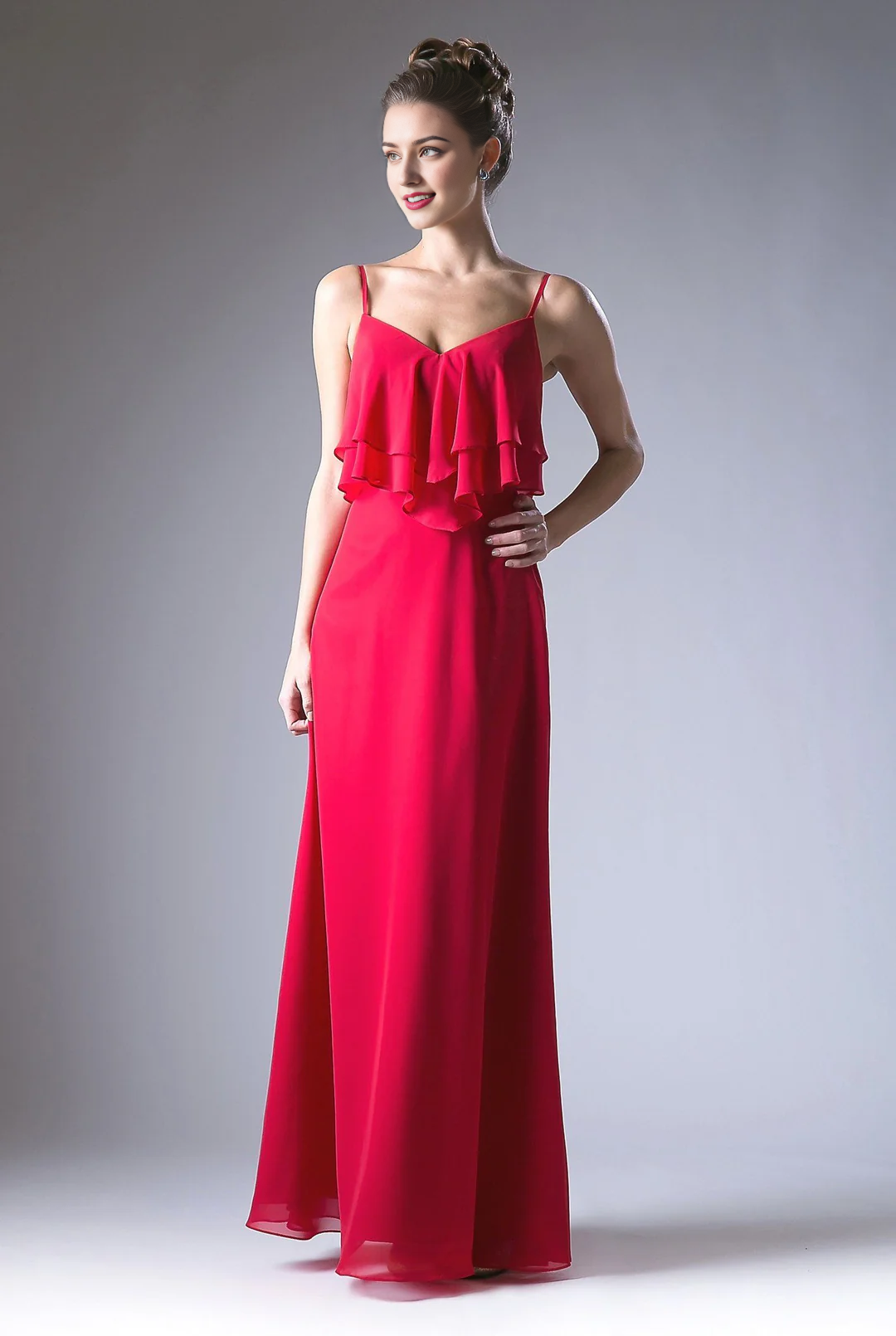 Red Chiffon A-Line V-Neck Floor-Length Bridesmaid Dress with Tiered Ruffles