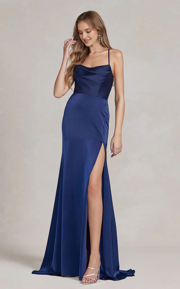 A-line sleeveless thin shoulder strap fitted tight corset slit and floor length Prom dress