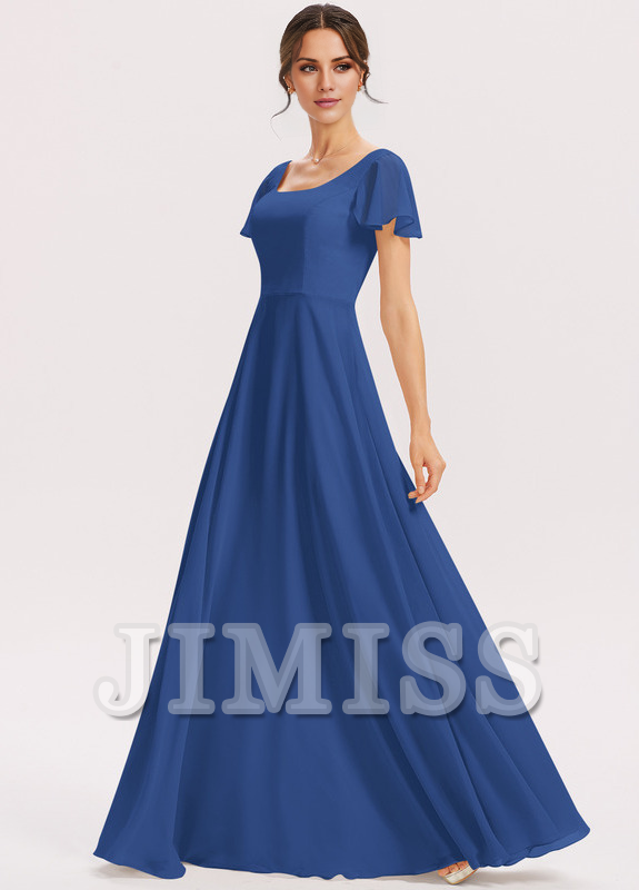 Vestido de dama de honor de gasa con volantes escalonados, corte A, cuadrado, largo hasta el suelo