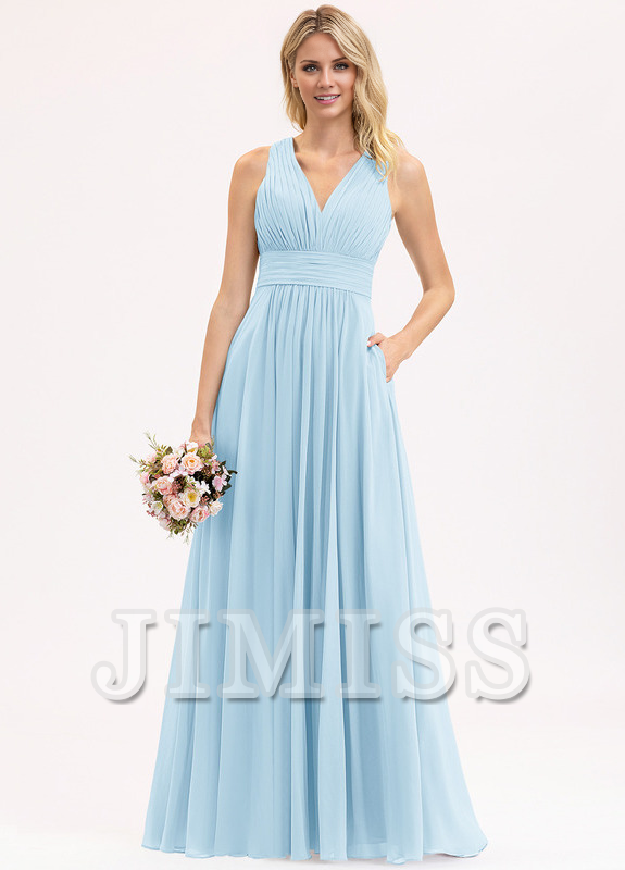 Vestido de dama de honor de gasa con escote en V, largo hasta el suelo y lazo con volantes