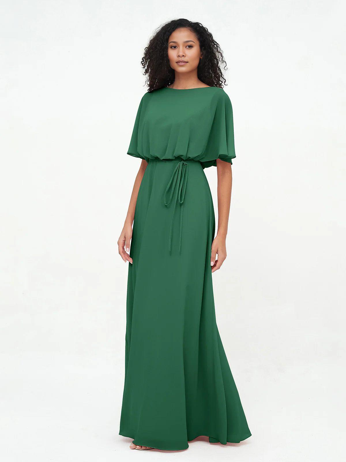 Butter Chiffon A-Line Floor-Length Bridesmaid Dress with Boat Neck & Self-Tie Waist