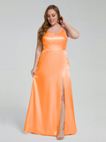Champagne Satin A-Line Floor-Length Bridesmaid Dress with Sweetheart Neckline and High Slit