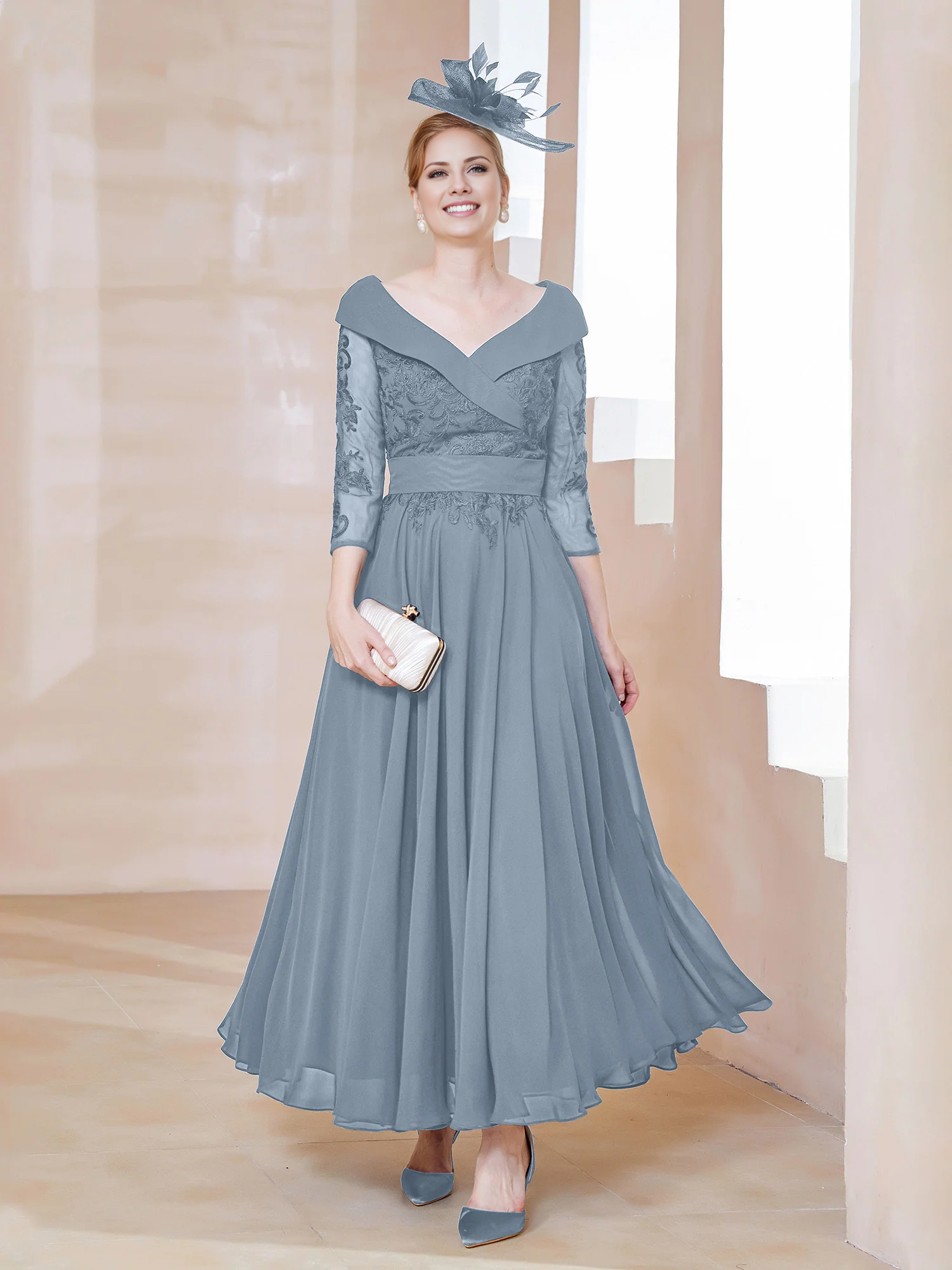 Dark Navy Chiffon A-Line Ankle-Length Off-the-Shoulder Evening Dress