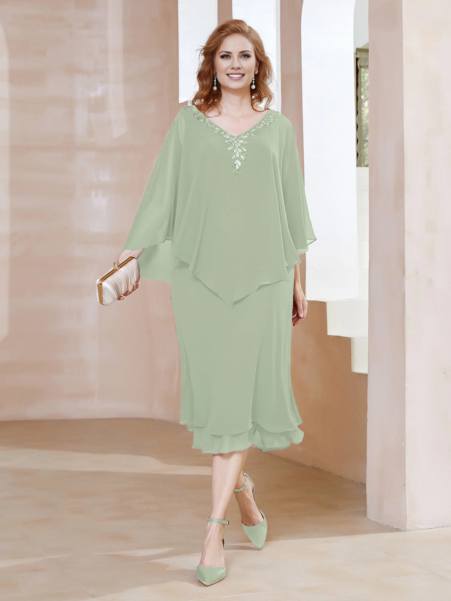 Olive Green Chiffon Knee-Length Dress with Cape Overlay & Beaded V-Neck