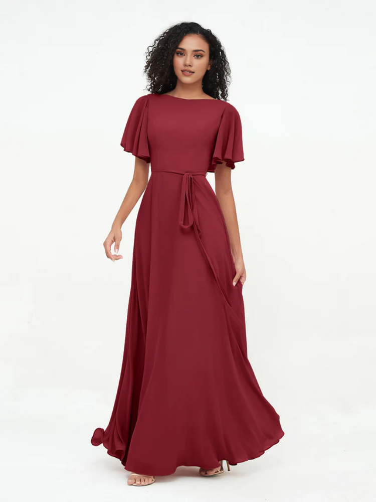 Olive Green A-Line Floor-Length Bridesmaid Dress with Flutter Sleeves & Boat Neckline | Jimiss