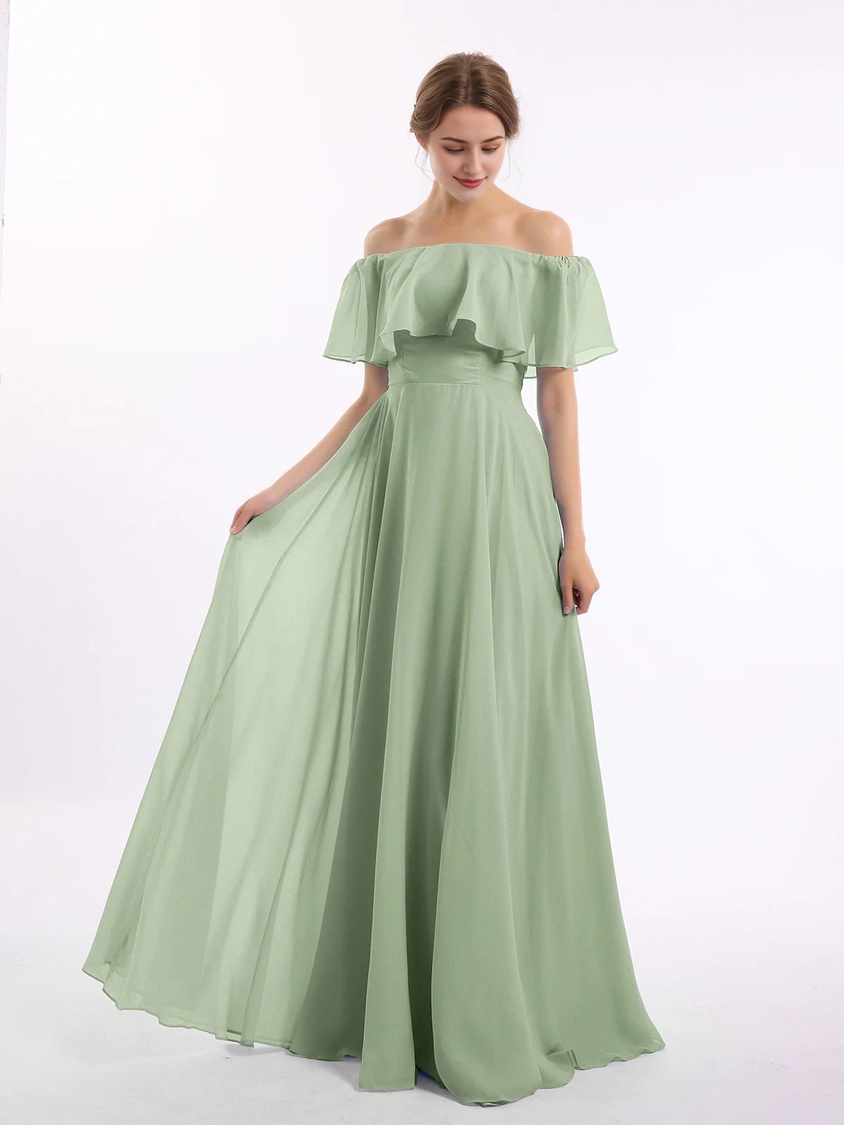 Sage Green Chiffon A-Line Off-the-Shoulder Floor-Length Bridesmaid Dress