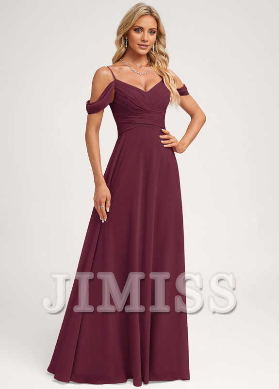 Abito da damigella d'onore in chiffon lungo fino a terra, con spalle scoperte e linea ad A