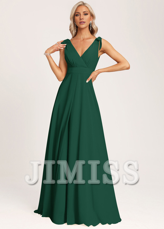 Vestido de dama de honor con escote en V y lazo de gasa en el fondo