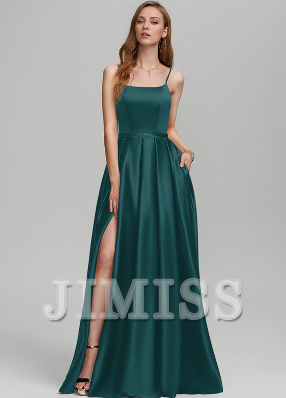 Abito da damigella d'onore in raso a trapezio con scollo a V e lunghezza al pavimento