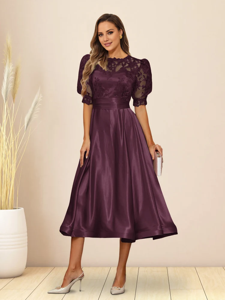 Green Satin Lace Bodice Puff Sleeve A-Line Tea-Length Evening Dress