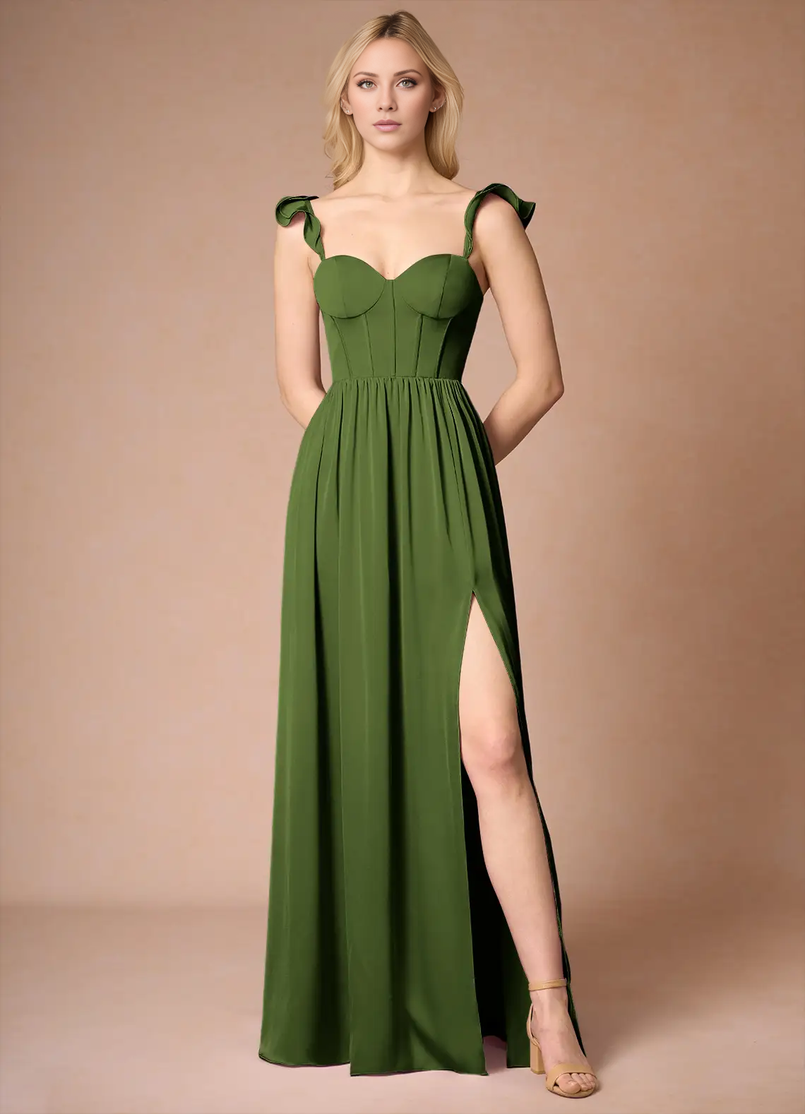 Vestido de fiesta Jimiss de corte A con hombros descubiertos, abertura lateral, espalda descubierta y largo hasta el suelo 