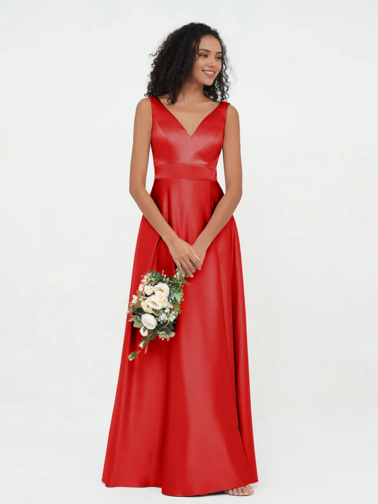 Olive Green Satin V-Neck A-Line Floor-Length Bridesmaid Dress