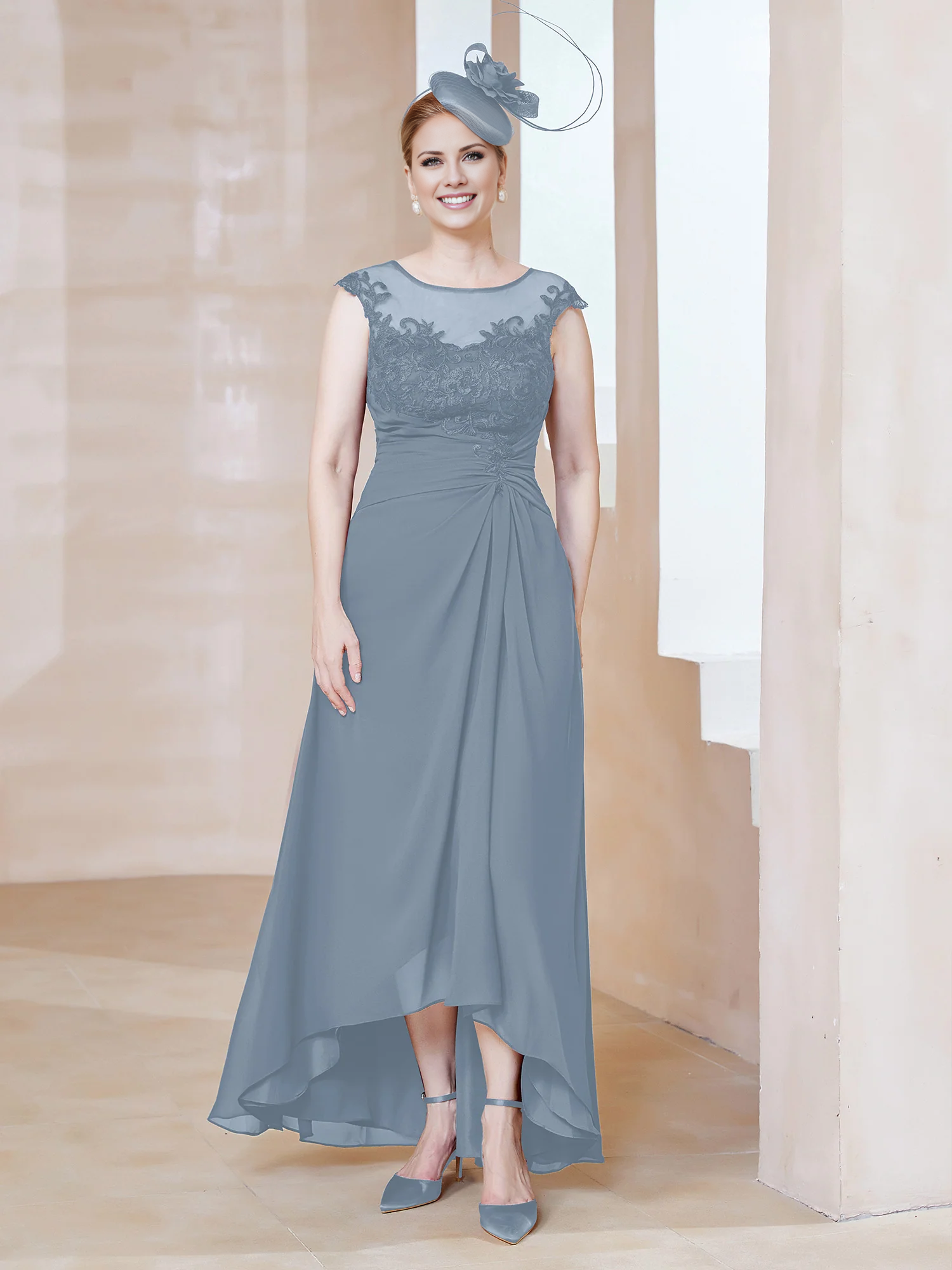 Burgundy Chiffon A-Line Asymmetrical Illusion Neck Dress with Lace Bodice