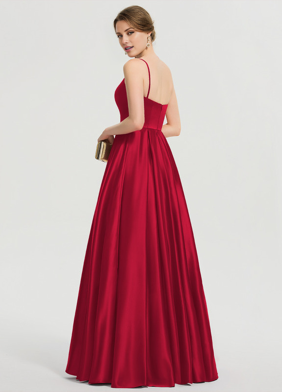Vestido de fiesta largo hasta el suelo de satén con escote en A y corte cuadrado