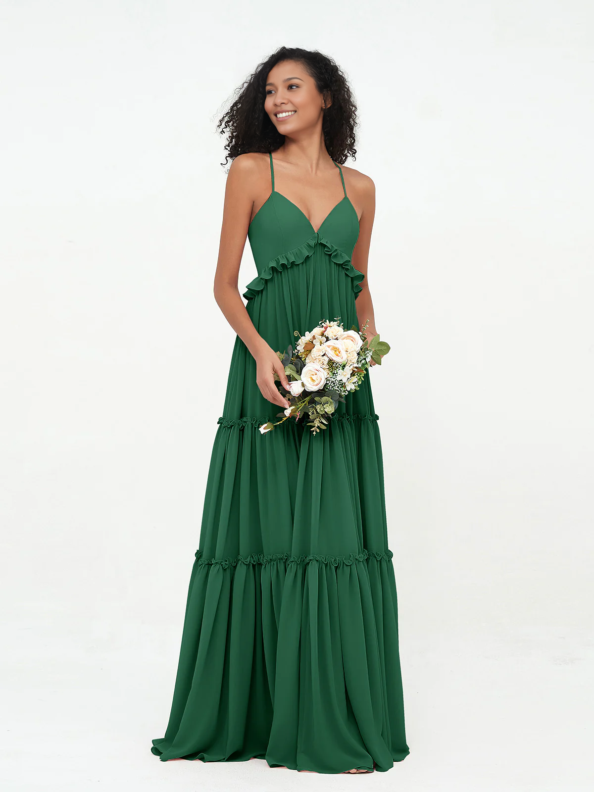Sage Green Chiffon Tiered Floor-Length Dress with V-Neck and Ruffle Trim