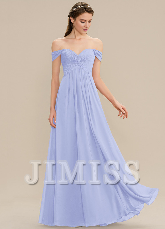 Vestido de dama de honor de gasa con volantes, corte A, hombros descubiertos y largo hasta el suelo