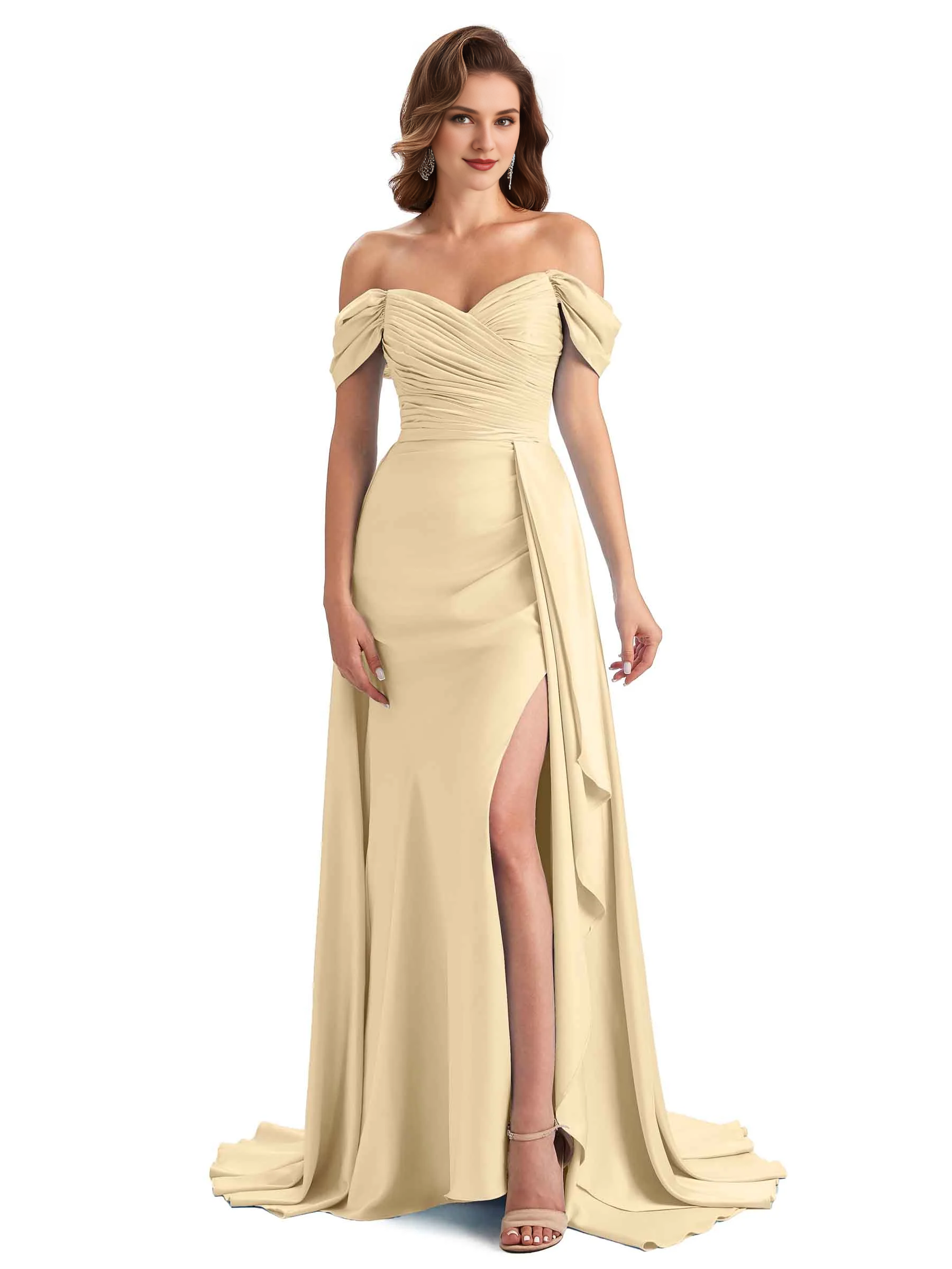 Vestido de dama de honor largo único con hombros descubiertos de satén suave y corte sirena con abertura lateral sexy