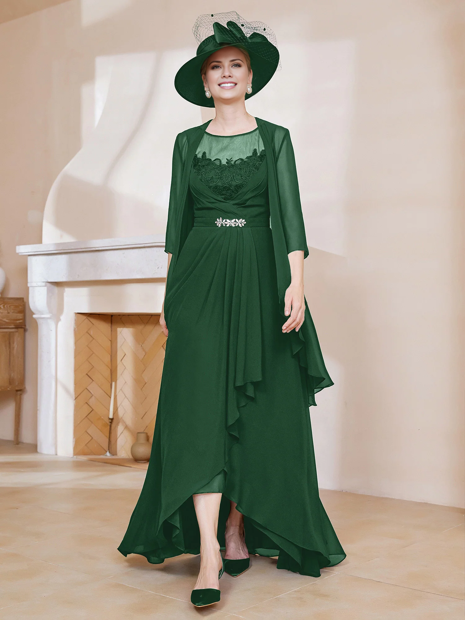 Illusion Neck Dark Navy Chiffon A-Line High-Low Dress with Draped Skirt