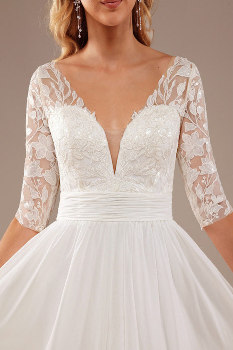 Sparkling ruffle A-line V-neck 3/4 sleeves and lace chiffon wedding dress