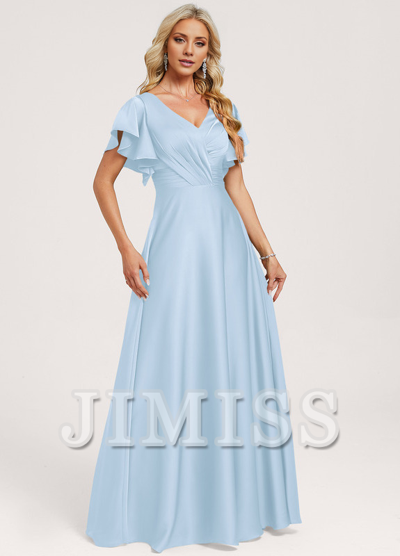 Vestido de dama de honor de satén con volantes, escote en V y largo hasta el suelo