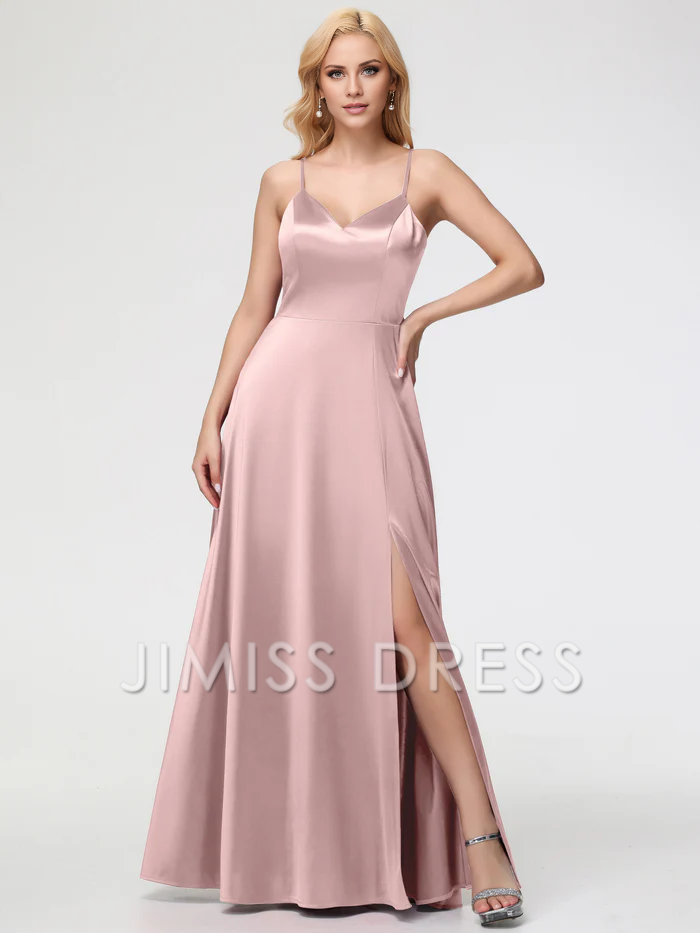 Vestido de fiesta Jimiss de satén sin mangas, con escote en V y tirantes finos