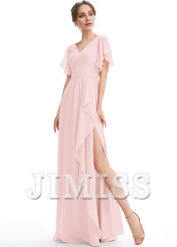 Vestido de dama de honor de gasa con volantes, escote en V y largo hasta el suelo