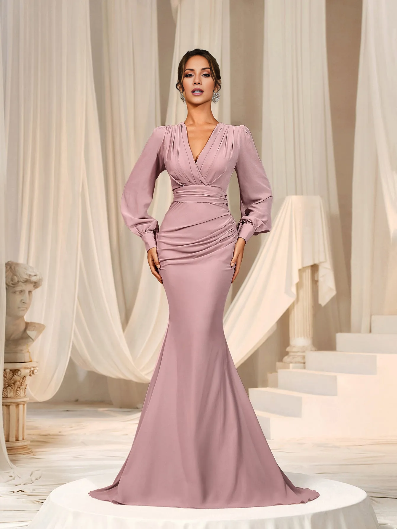 Mermaid layered collar lantern sleeves chiffon and floor length formal dress