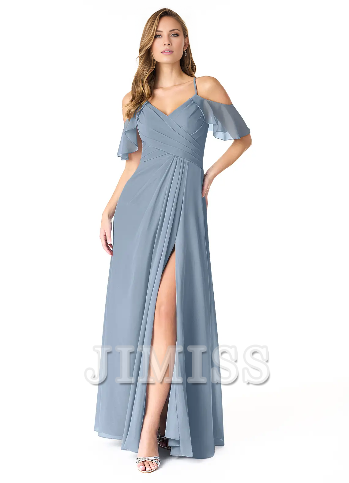 Vestido de dama de honor de gasa plisada con escote en V, corte A, abertura lateral y largo hasta el suelo - Vestido Jimiss 