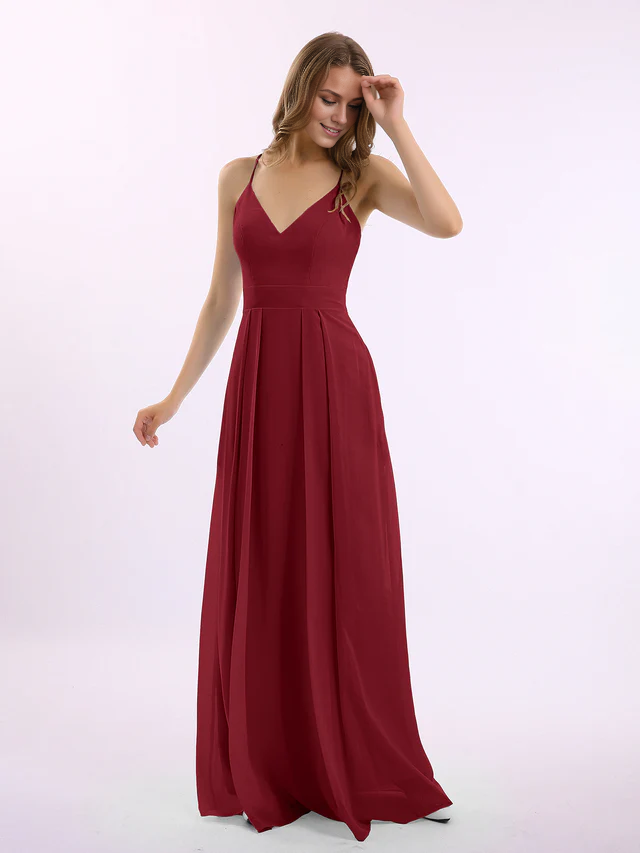 Chiffon Spaghetti-Strap Deep V-Neck A-Line Floor-Length Bridesmaid Dresses
