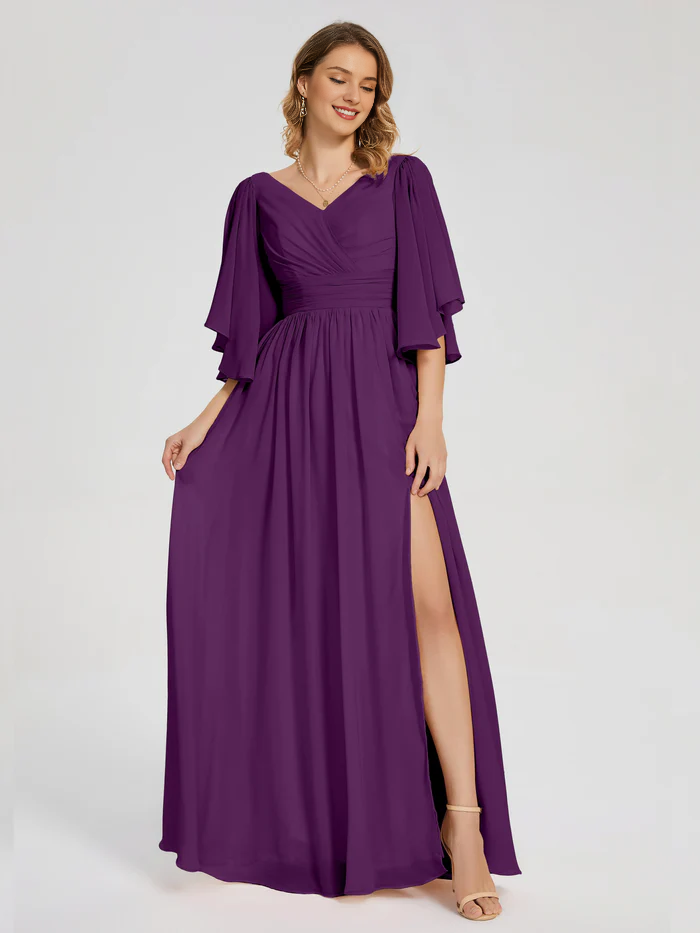 Burgundy Chiffon A-Line Floor-Length Dress with V-Neck, Draped Bodice, Flutter Sleeves, and High Slit