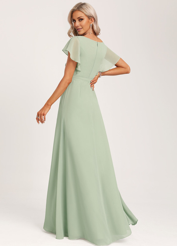 Sage Green Chiffon A-Line Floor-Length Dress with V-Neck and V-Back, Draped Bodice & High Slit