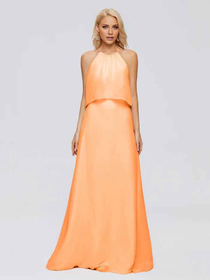 Vestido de dama de honor largo hasta el suelo en gasa con escote halter