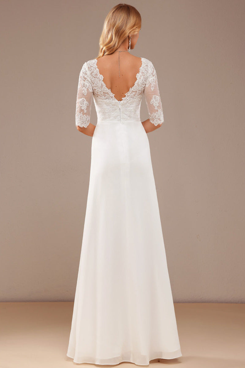 Ivory Lace A-Line V-Neck Floor-Length Evening Dress with Draped Skirt