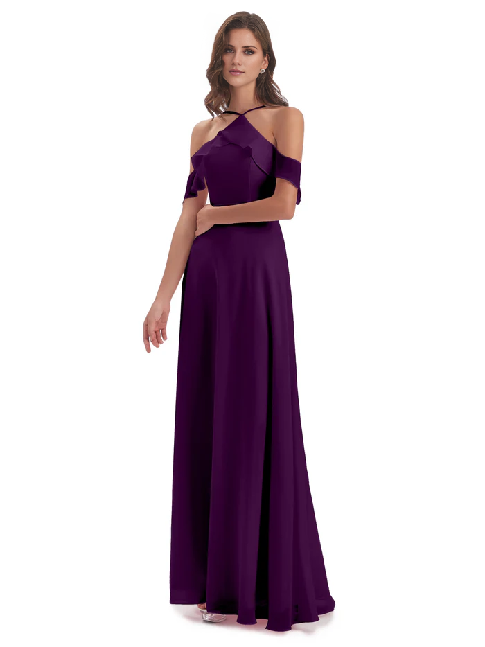Tight off shoulder chiffon long and floor length bridesmaid dress