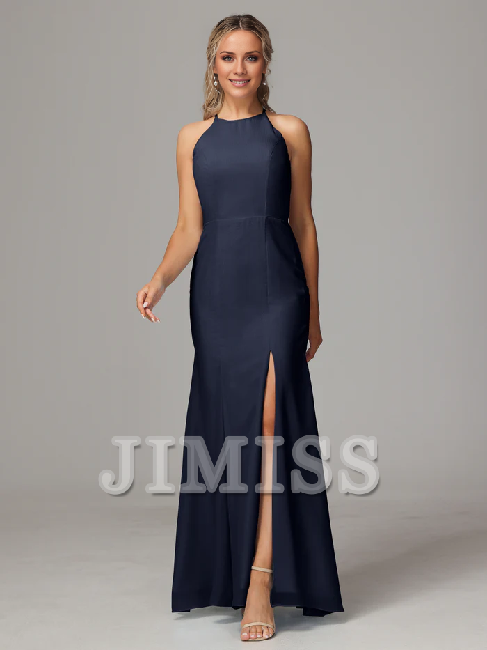 Vestido de dama de honor de gasa con escote colgante, espalda descubierta y abertura lateral