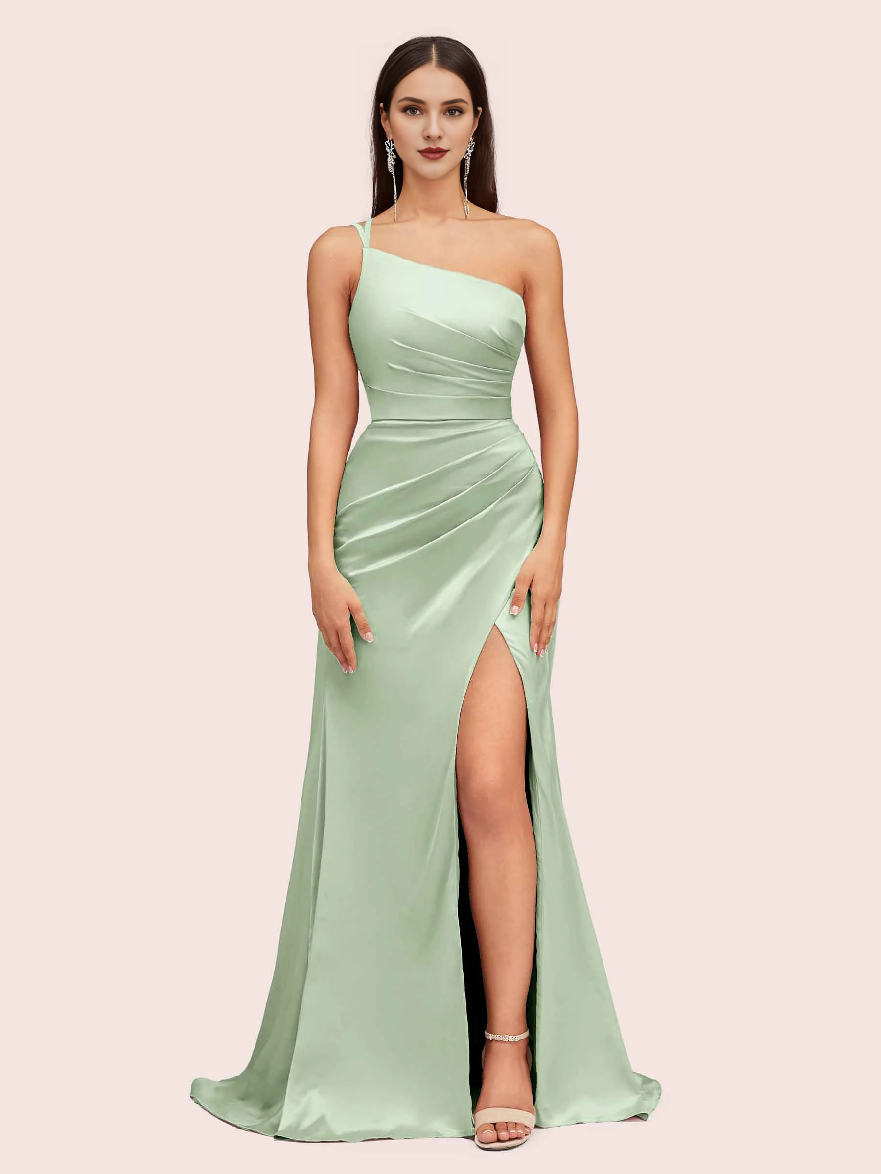Vestido de dama de honor de un solo hombro, de satén suave, estilo sirena, para invitada de boda con abertura lateral.