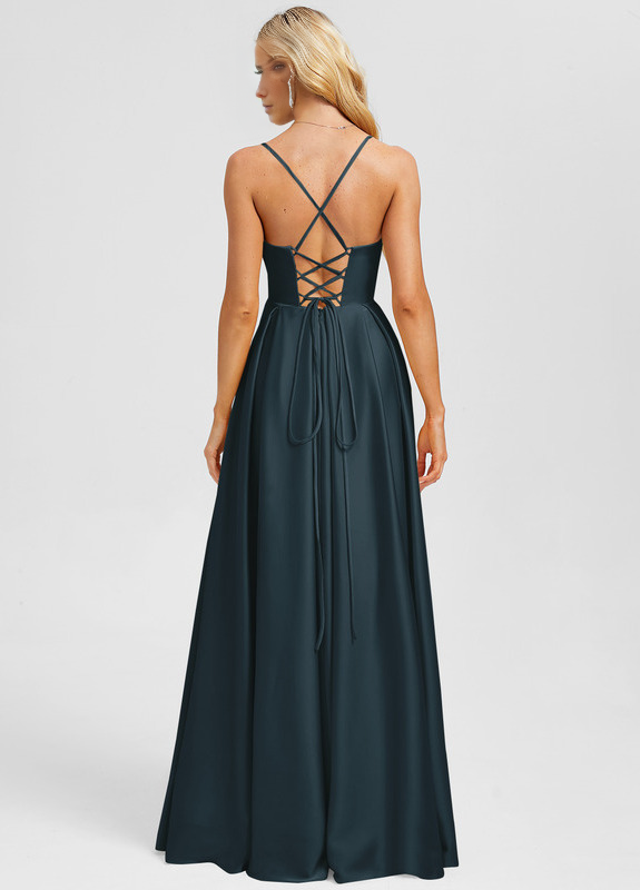 Abito da ballo in raso opaco lungo fino al pavimento, con scollo a cuore e linea ad A