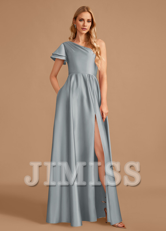 Abito da damigella d'onore in raso, monospalla, lungo fino a terra, a trapezio