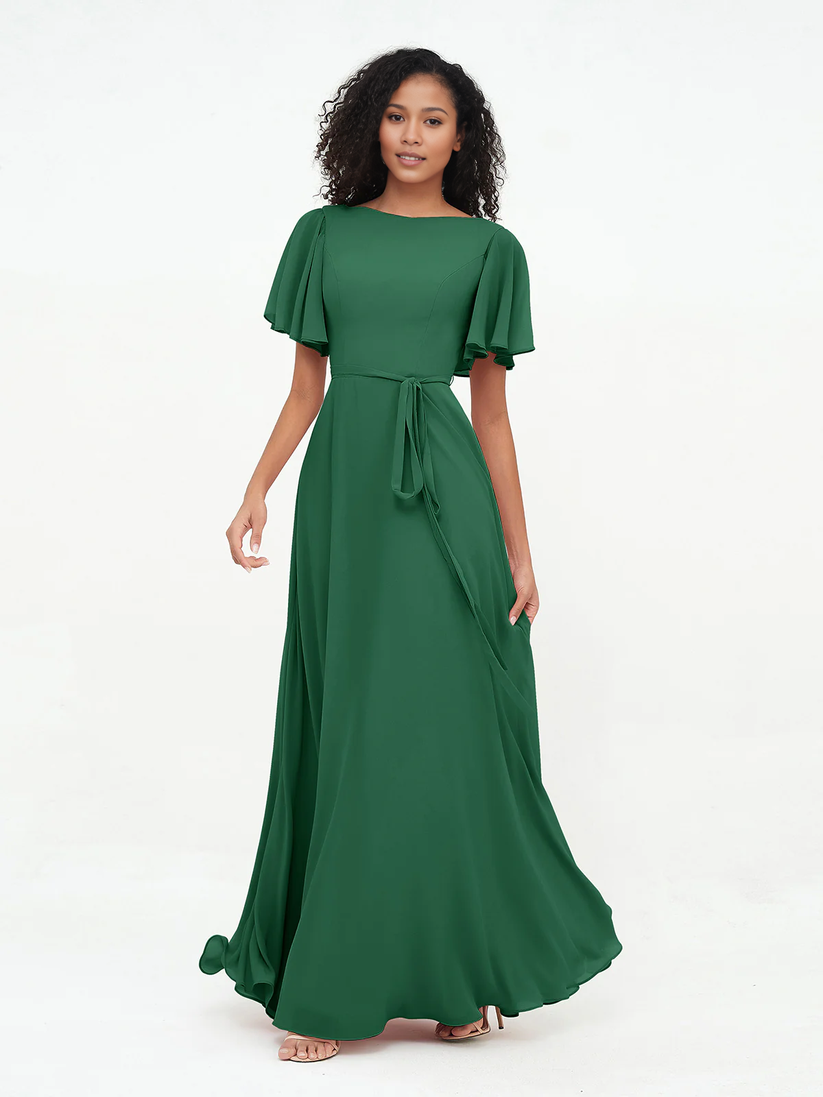 Dark Navy Chiffon A-Line Floor-Length Bridesmaid Dress with Flutter Sleeves & Tie Waist