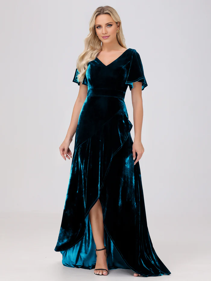 Vestido de dama de honor largo hasta el suelo, de terciopelo, con volantes y manga corta y escote en V