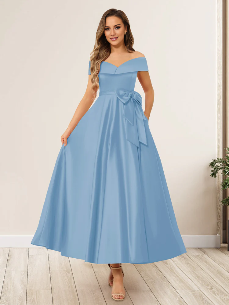 Burgundy Off-the-Shoulder A-Line Tea-Length Bridesmaid Dress