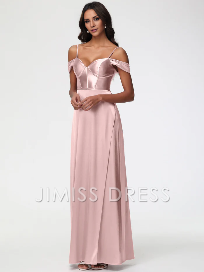 Vestido de fiesta largo de satén con tirantes finos y escote en forma de corazón y hombros descubiertos de Jimiss