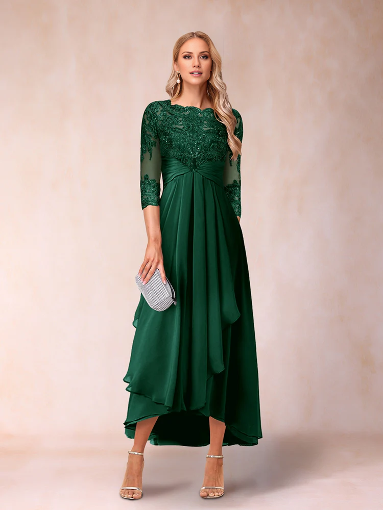 Slate Blue A-Line High-Low Evening Dress with Lace Bodice & Boat Neck