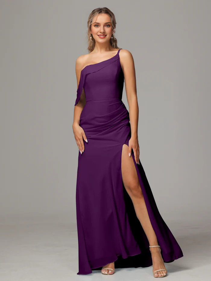 One shoulder off shoulder chiffon and floor length bridesmaid dress