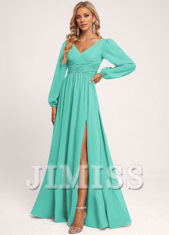 Vestido de dama de honor de gasa con volantes, escote en V y largo hasta el suelo