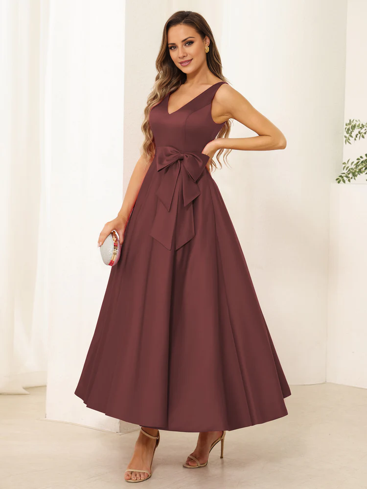 Dark Navy Satin A-Line Tea-Length Bridesmaid Dress with V-Neck and Waist Bow