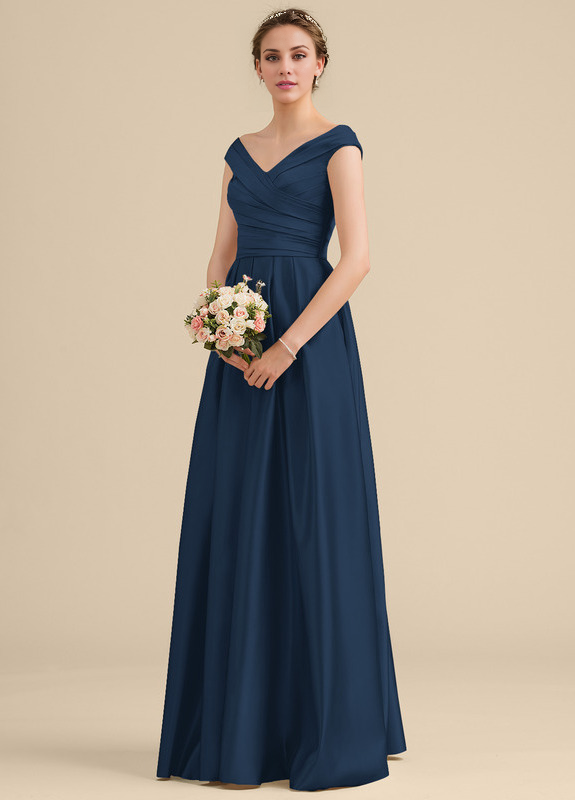 Vestido de dama de honor de satén con volantes, corte A, hombros descubiertos y largo hasta el suelo