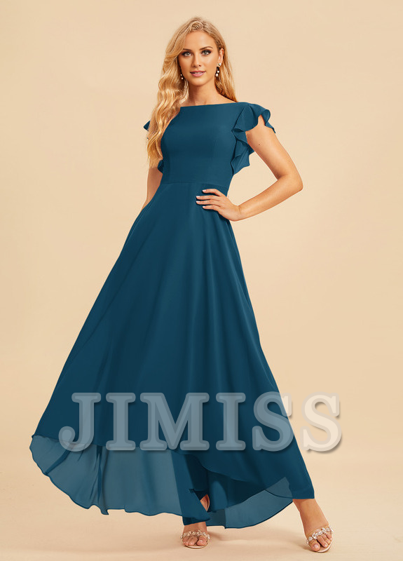 Vestido de dama de honor asimétrico de gasa con escote en A y volantes